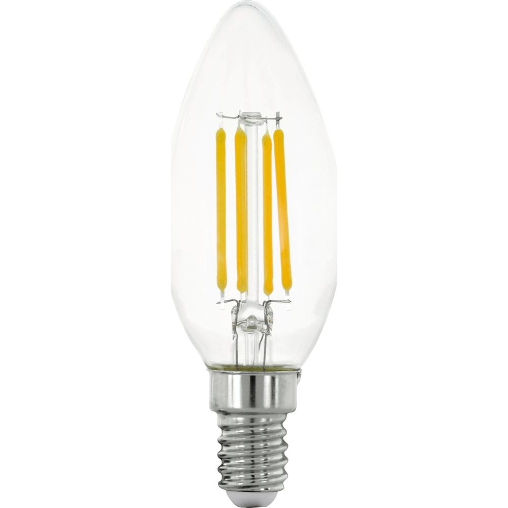 Una lampadina LED a candela trasparente con quattro filamenti gialli e base a vite argentata.