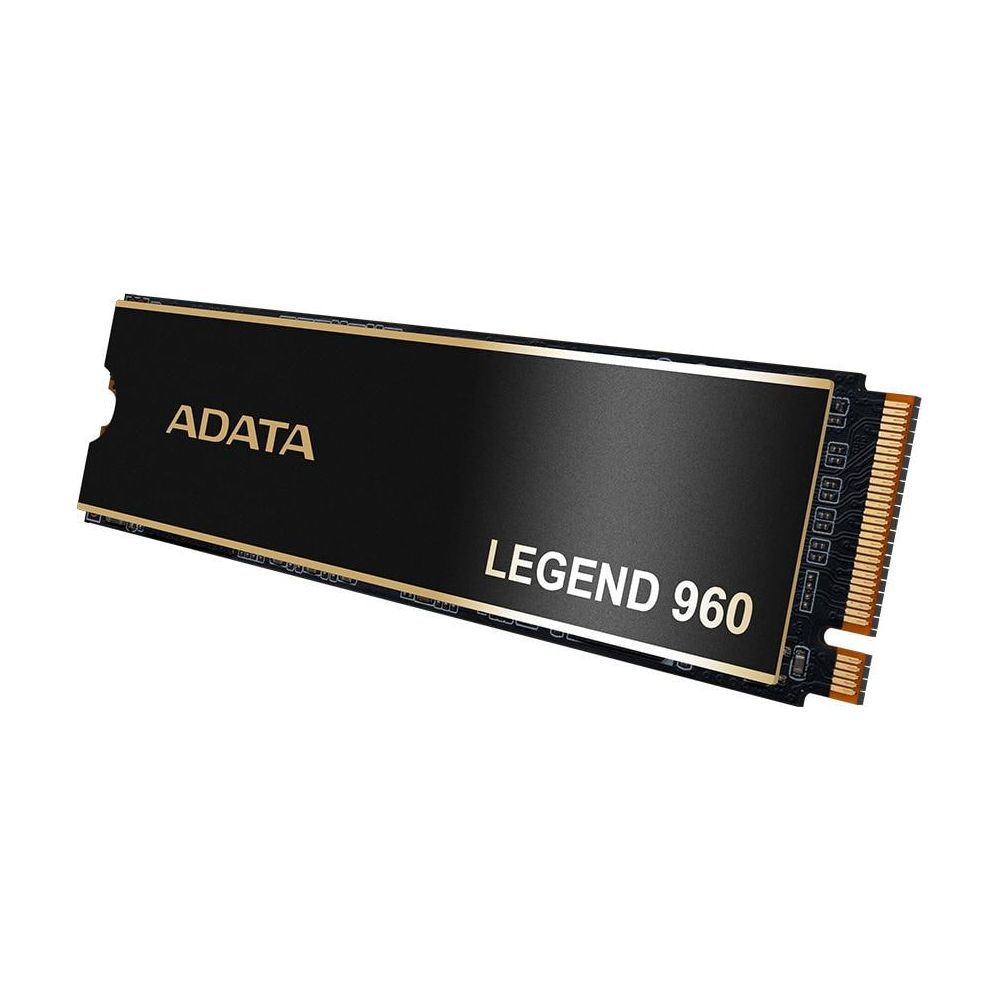 Czarny dysk SSD ADATA LEGEND 960 ze złotymi akcentami i złączami.