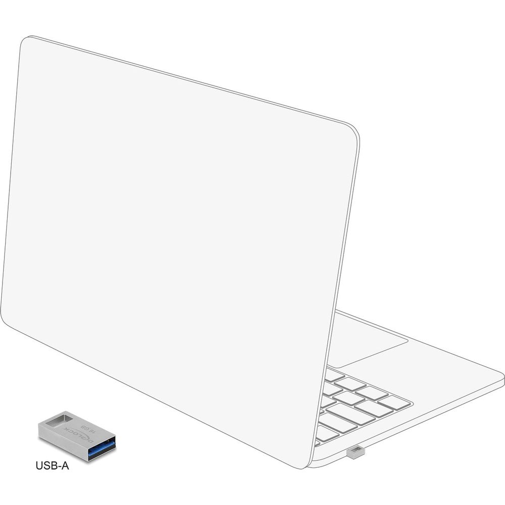 Srebrny pendrive obok otwartego, białego laptopa.