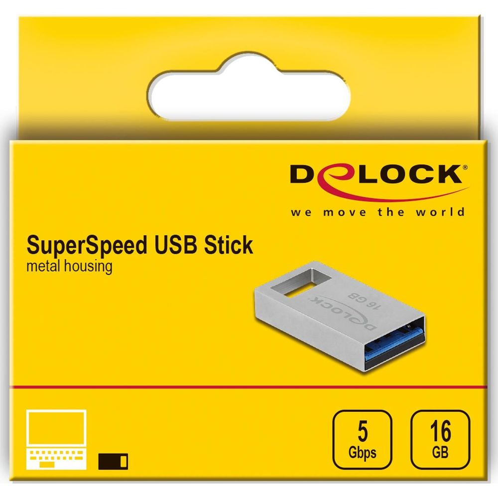 Opakowanie srebrnego pendrive'a Delock 16 GB z metalową obudową.