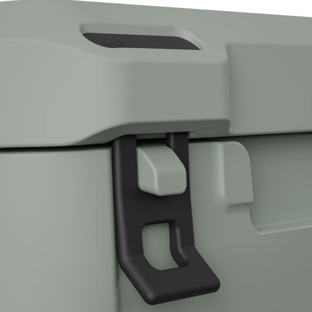 Een grijze container met een zwarte grendel en een lichtgrijze knop.
