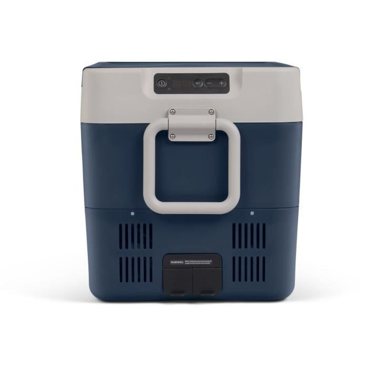 Niebiesko-szara lodówka turystyczna z uchwytem i panelem sterowania.