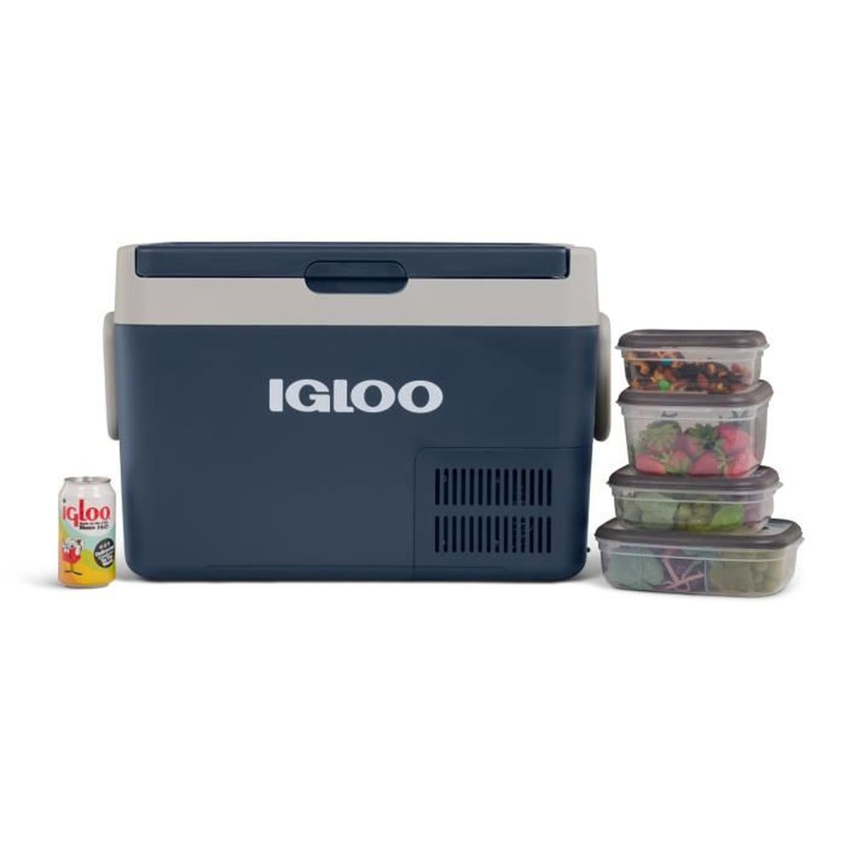 Niebieska lodówka turystyczna Igloo z puszką i ułożonymi pojemnikami.