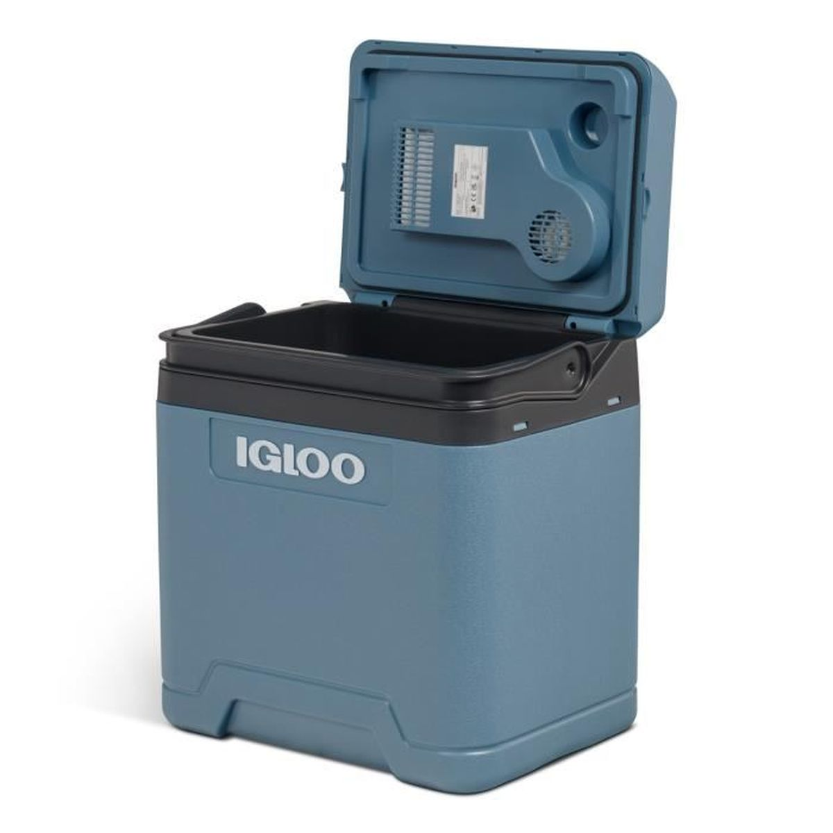 Blauer Kühlbox mit offenem Deckel, zeigt Innenraum und Lüfter.