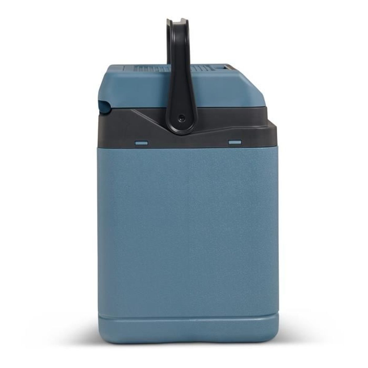 Eine blaue Kühltasche mit schwarzem Griff und dunklem Deckel.