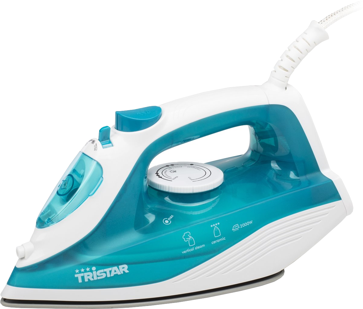 Biało-turkusowe żelazko parowe Tristar z pokrętłem temperatury i zbiornikiem.