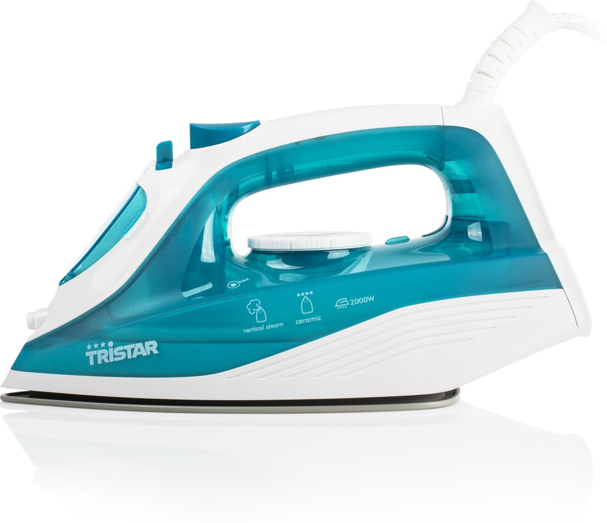 Biało-turkusowe żelazko parowe z logo Tristar.