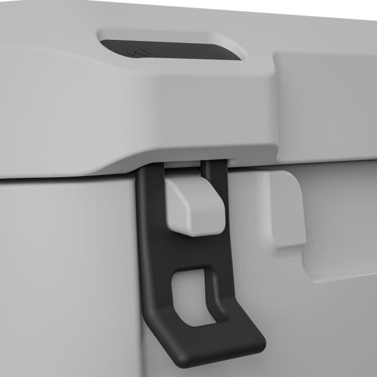 Contenitore grigio con fermo nero e clip bianca.