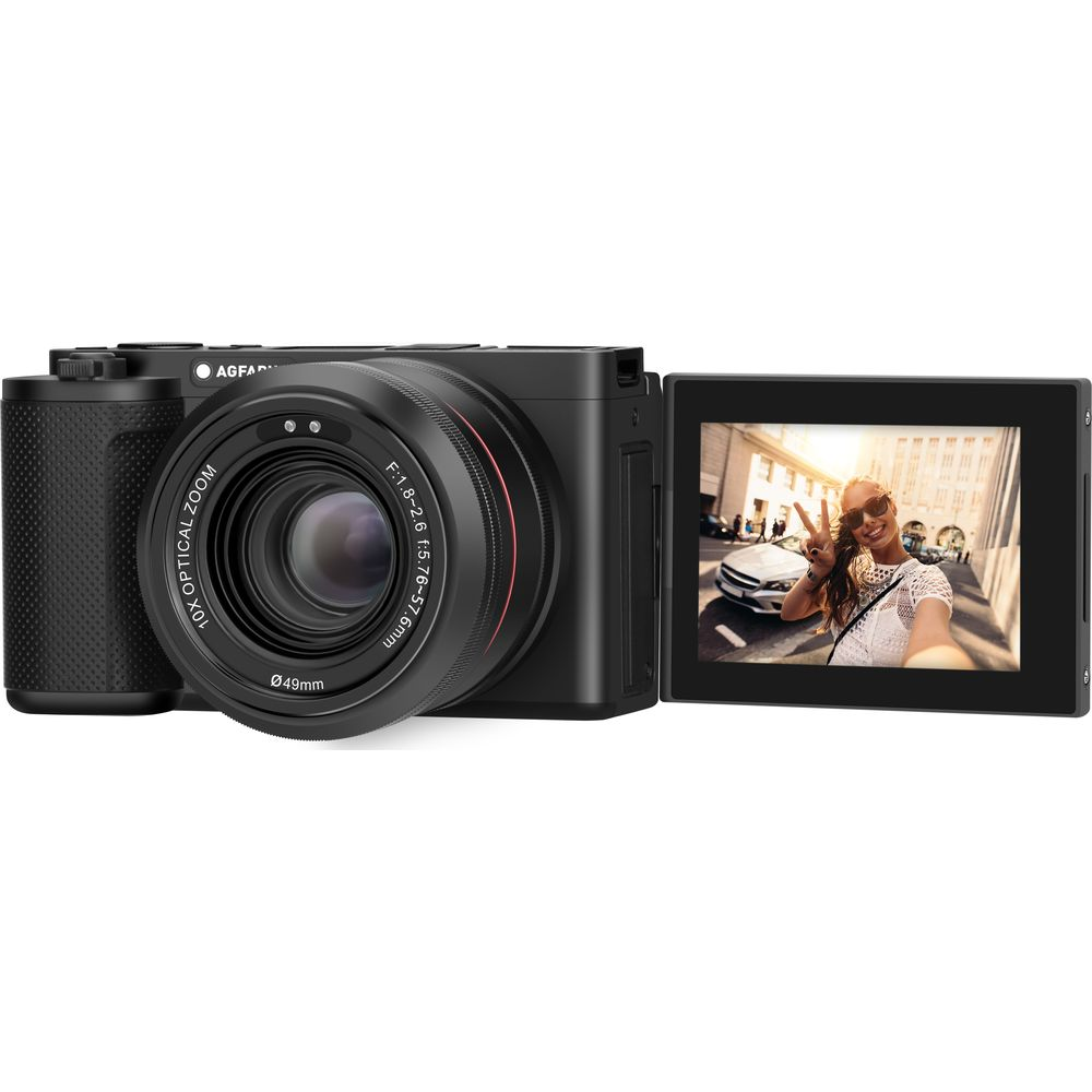 Czarny aparat z obiektywem zoom optyczny 10x i ekranem do selfie.