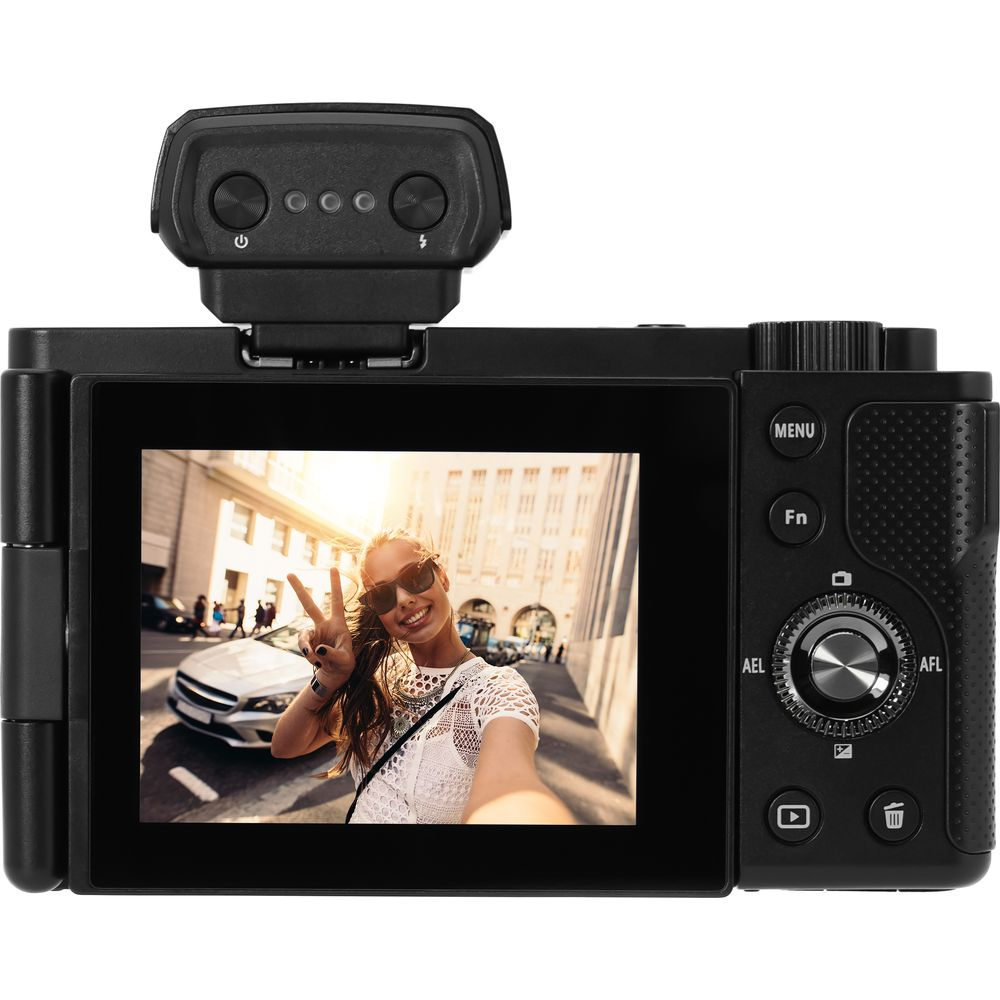 Tył aparatu z autoportretem kobiety na ekranie.