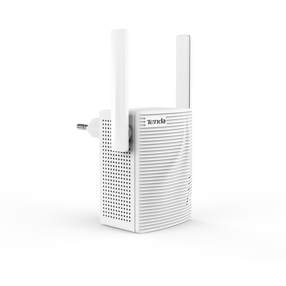 İki antenli beyaz Tenda Wi-Fi tekrarlayıcı beyaz arka planda gösteriliyor.