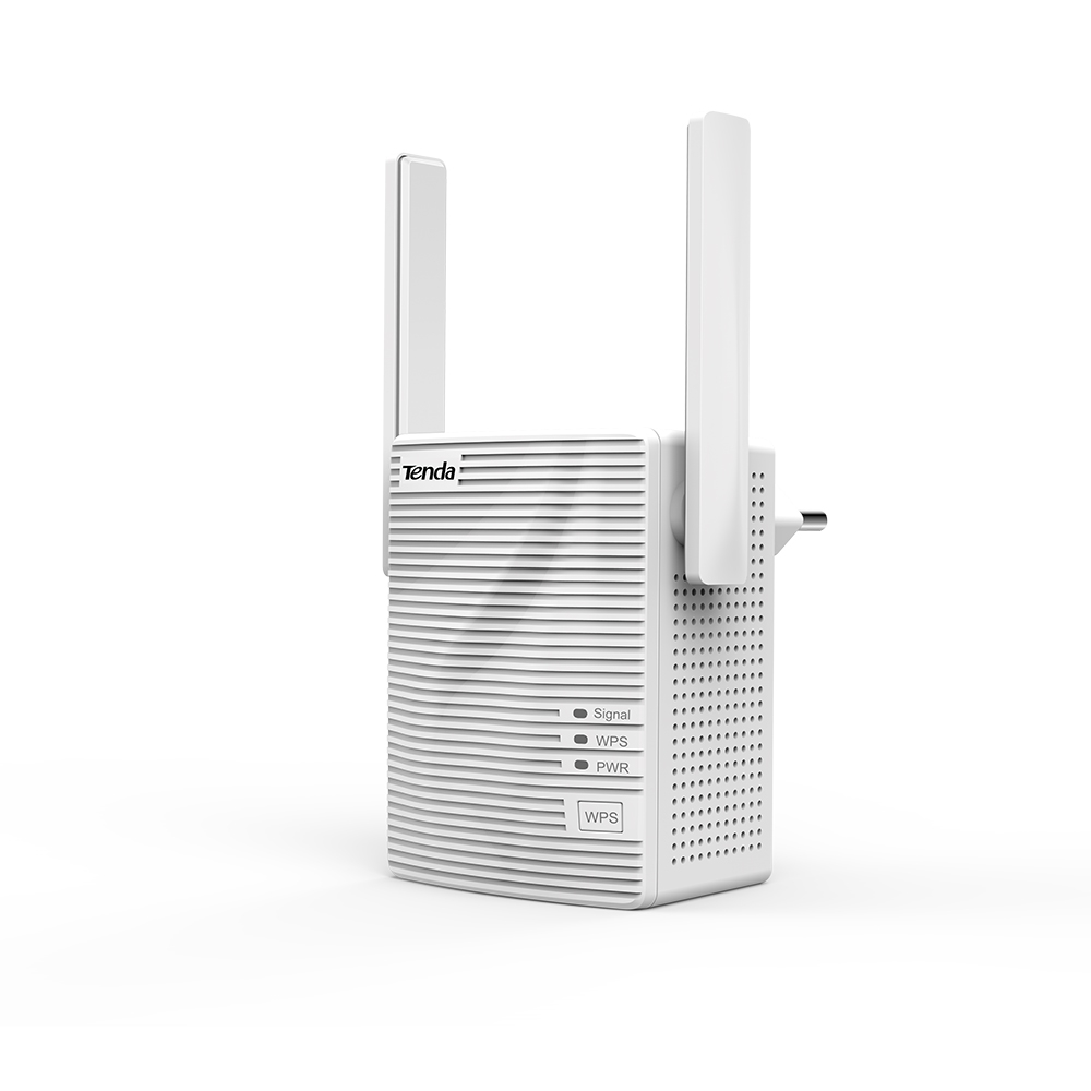 Antenli ve gösterge ışıklı beyaz Tenda WiFi genişletici.