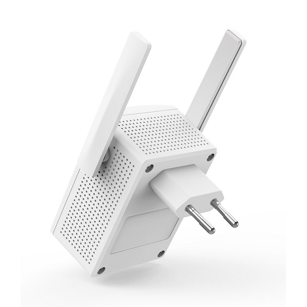 İki antenli ve fişli beyaz WiFi tekrarlayıcı.