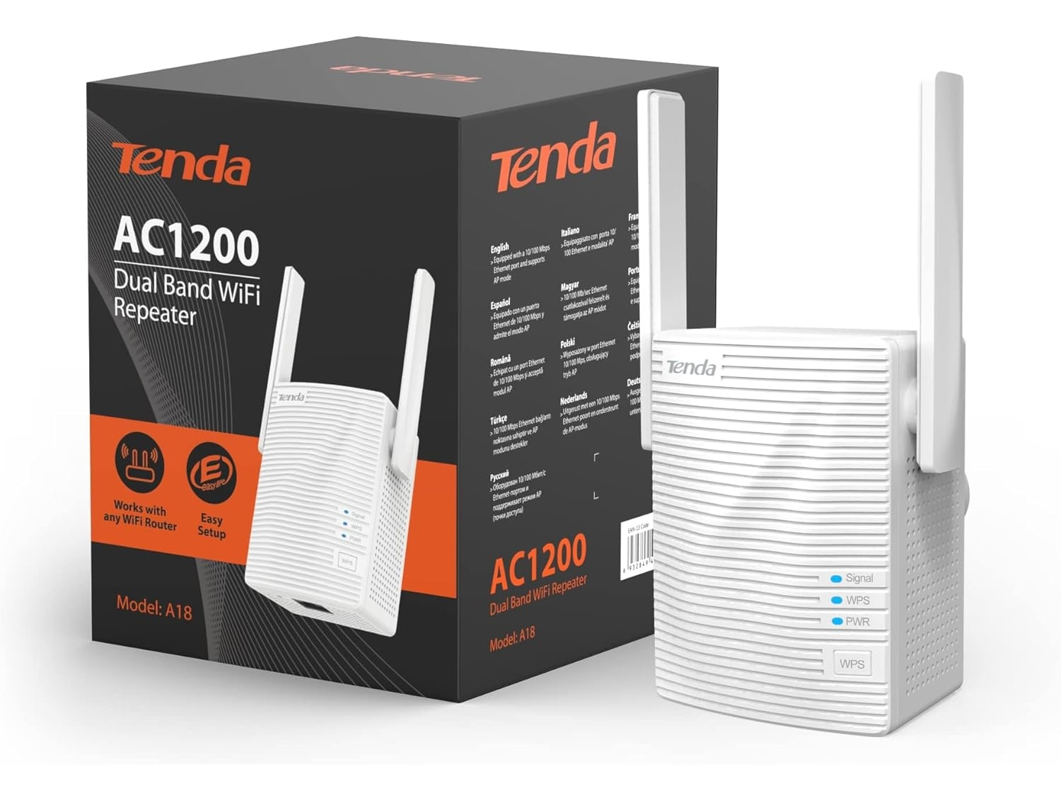 Tenda AC1200 Dual Band WiFi Repeater kutusu ve cihazı.