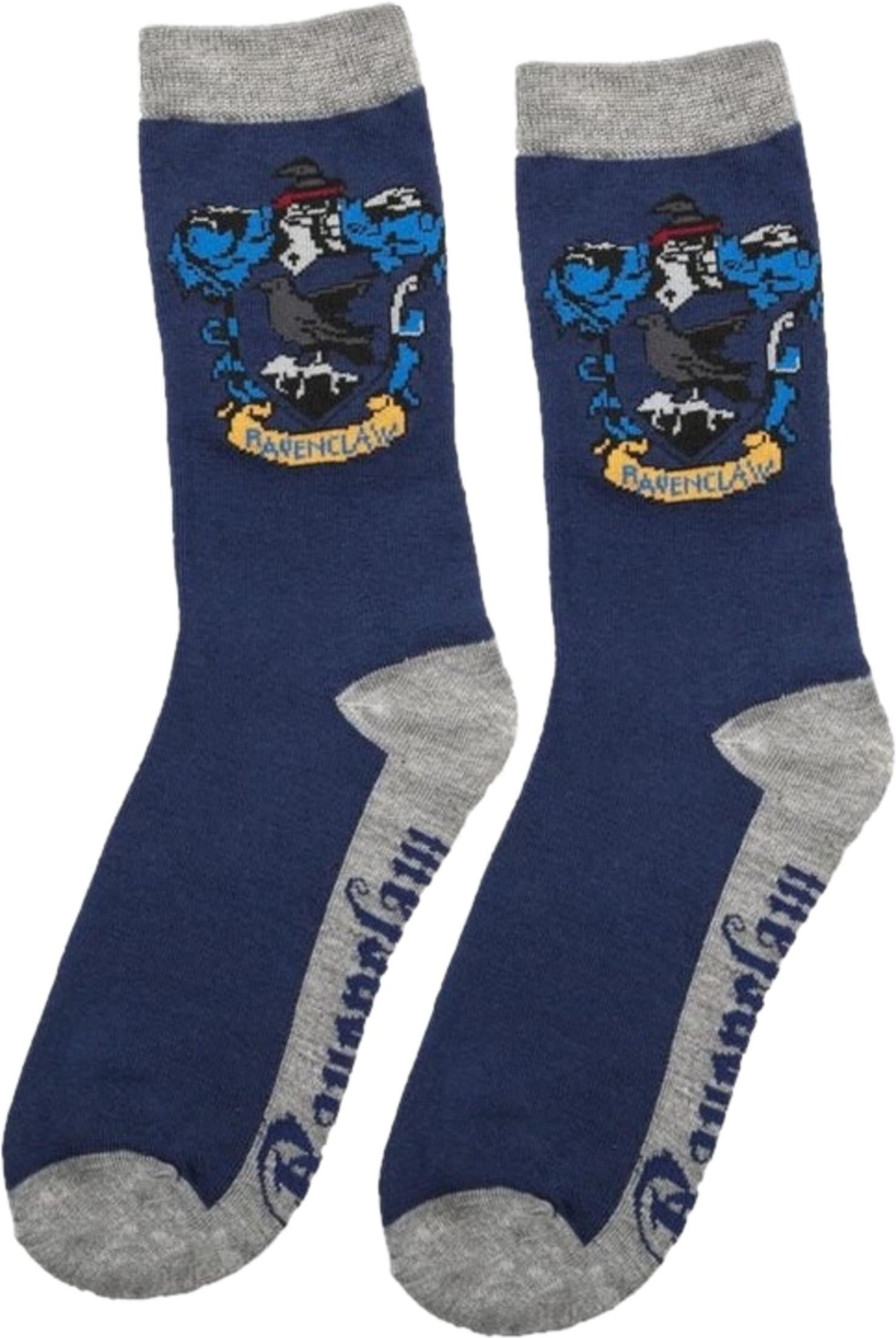 Zwei dunkelblaue Socken mit grauem Bund und Fersen, Ravenclaw-Wappen.