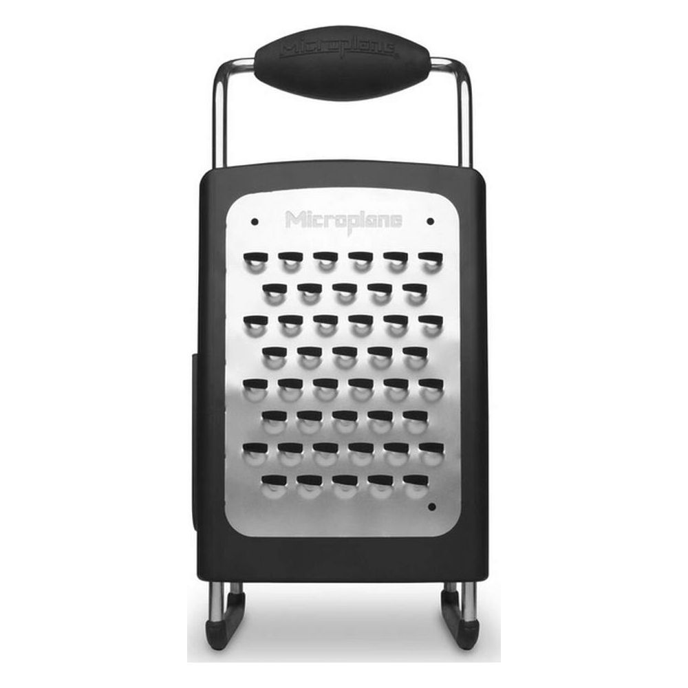 Siyah Microplane rende, gümüş rendeleme yüzeyi ve siyah saplı.