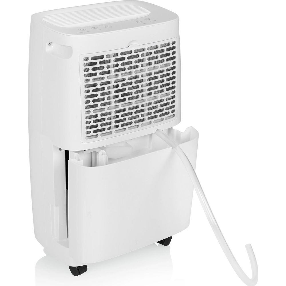 Biały osuszacz powietrza z przezroczystym wężem wychodzącym ze zbiornika.