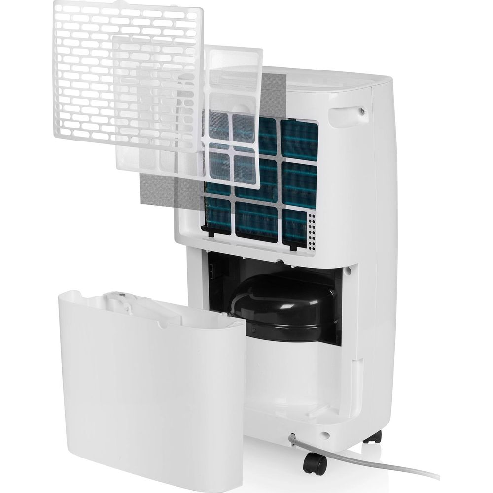 Biały osuszacz powietrza z wyjętymi filtrami i odłączoną szufladą.