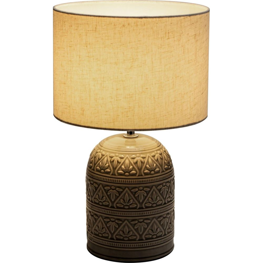 Brązowa lampa z wzorem, beżowy klosz.