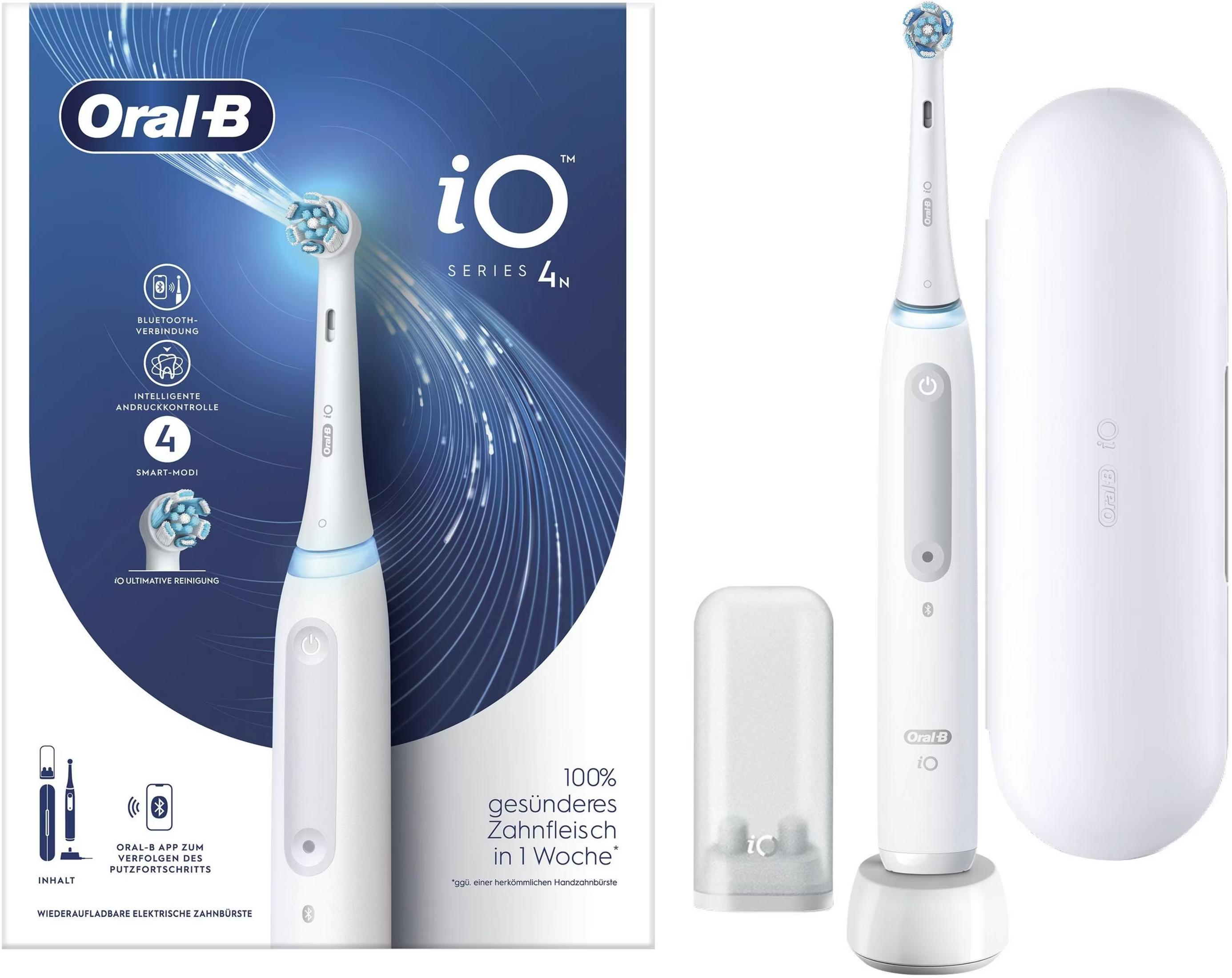 Weiße Oral-B iO Series 4N Zahnbürste mit Ladecase und Bürstenkopf.