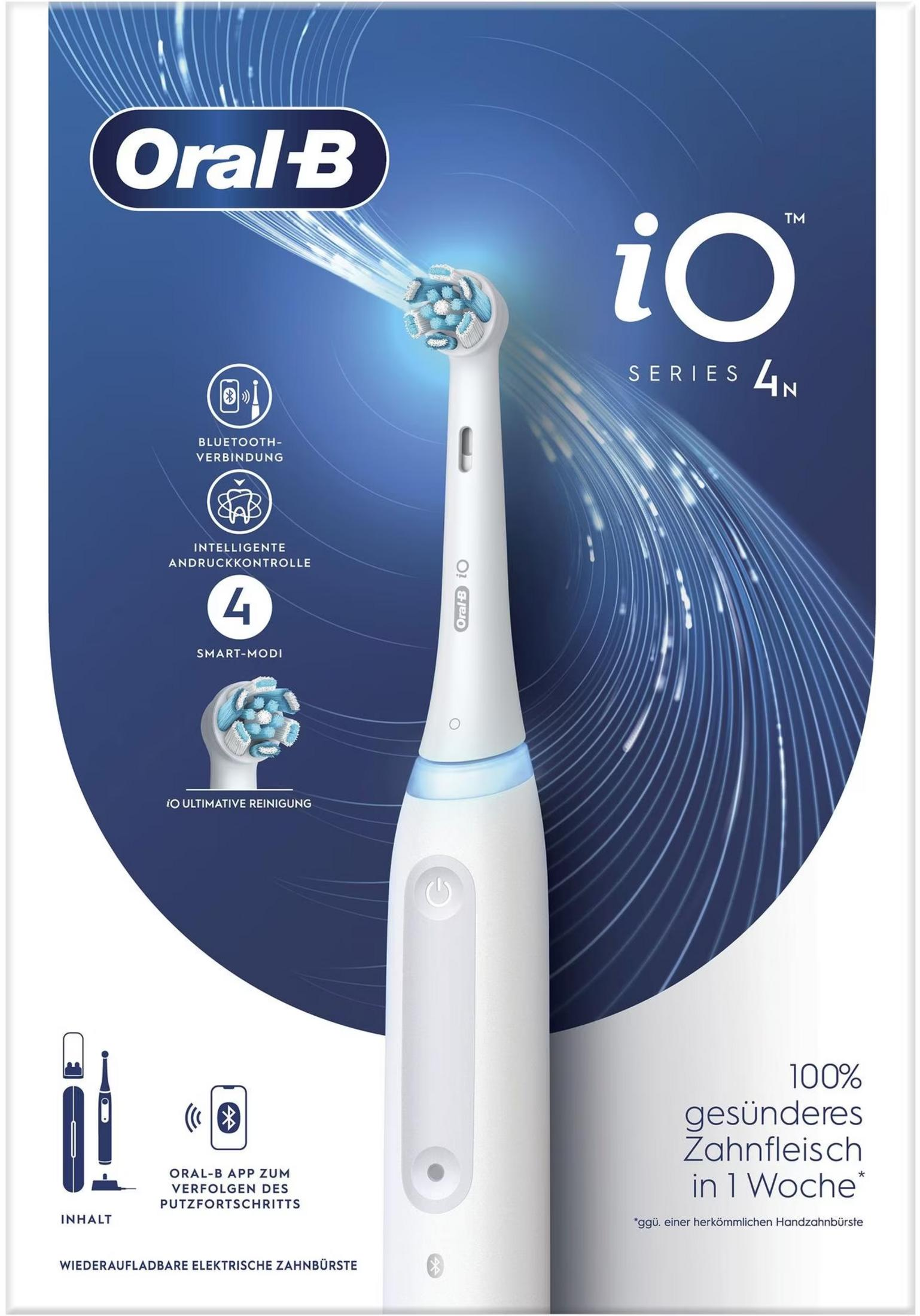 Weiße Oral-B iO Series 4N elektrische Zahnbürste mit blauem Bürstenkopf und Infos.