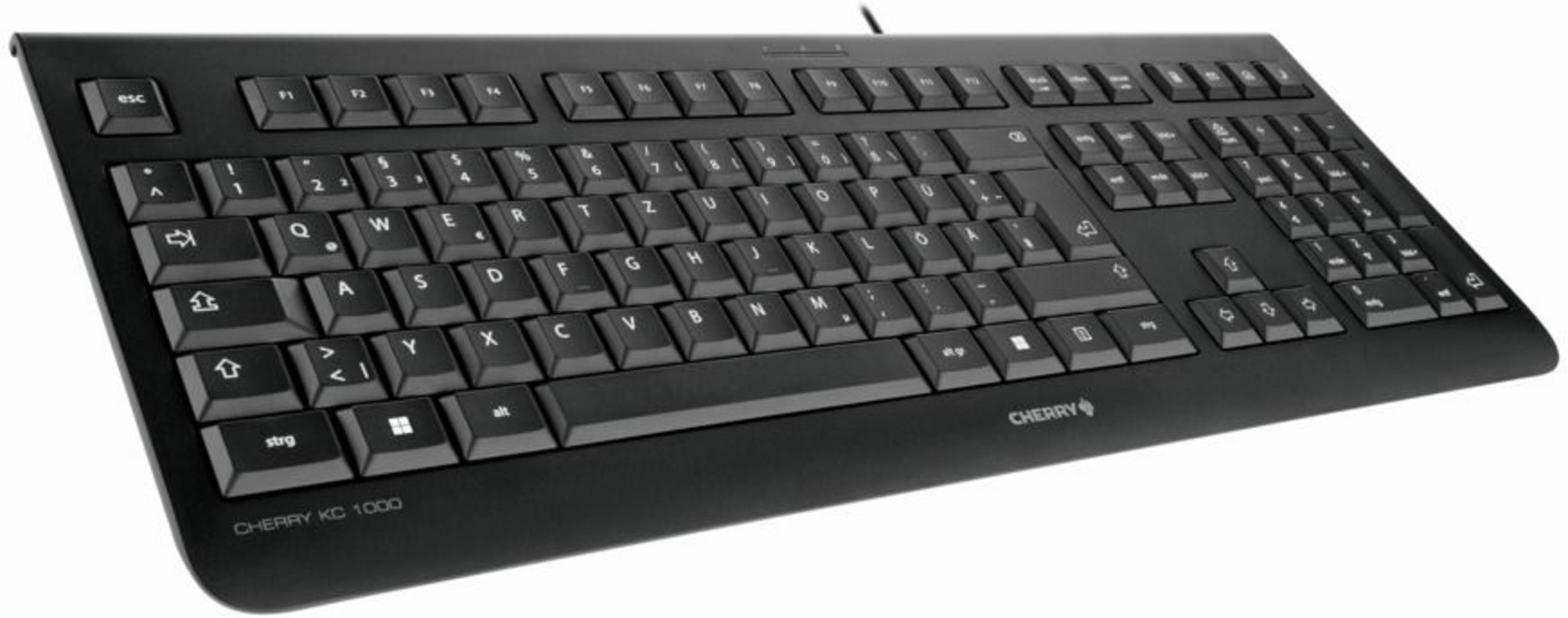 Schwarze CHERRY KC 1000 Tastatur mit QWERTZ-Layout, im Dreiviertelprofil.