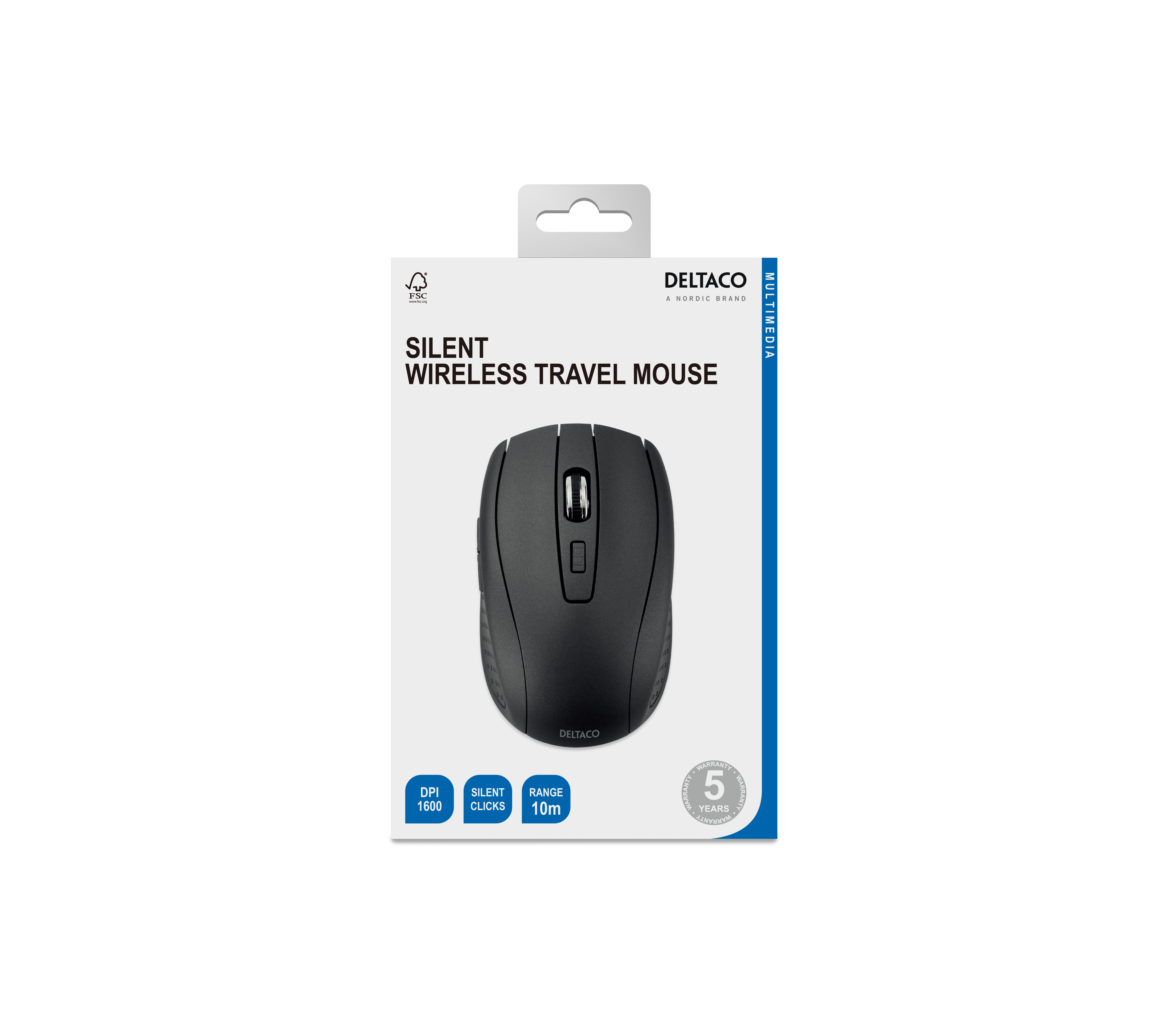 Verpakking van een zwarte Deltaco Silent Wireless Travel Mouse met details.