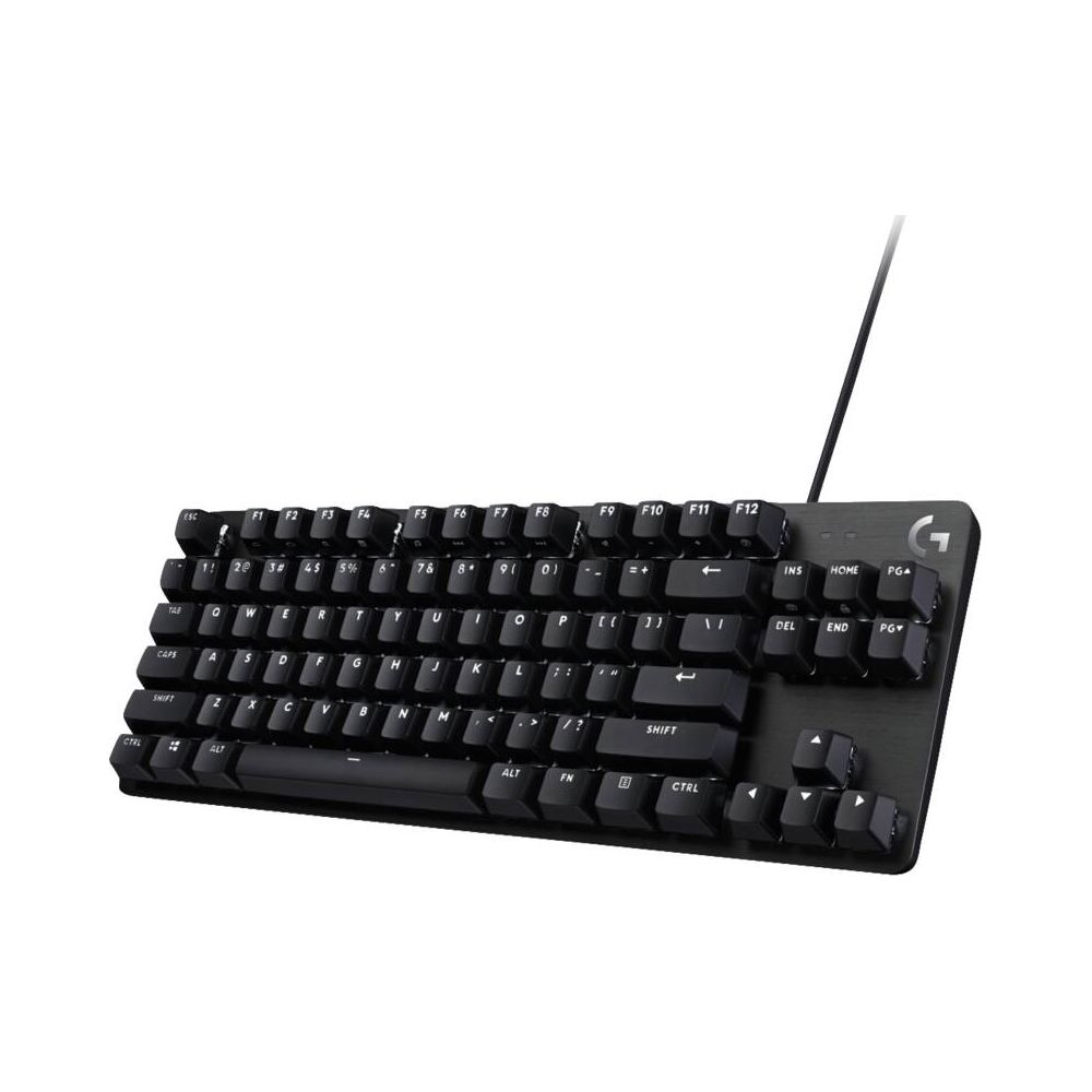 Czarna klawiatura mechaniczna z szarym logo G. Białe klawisze z czarnymi napisami.