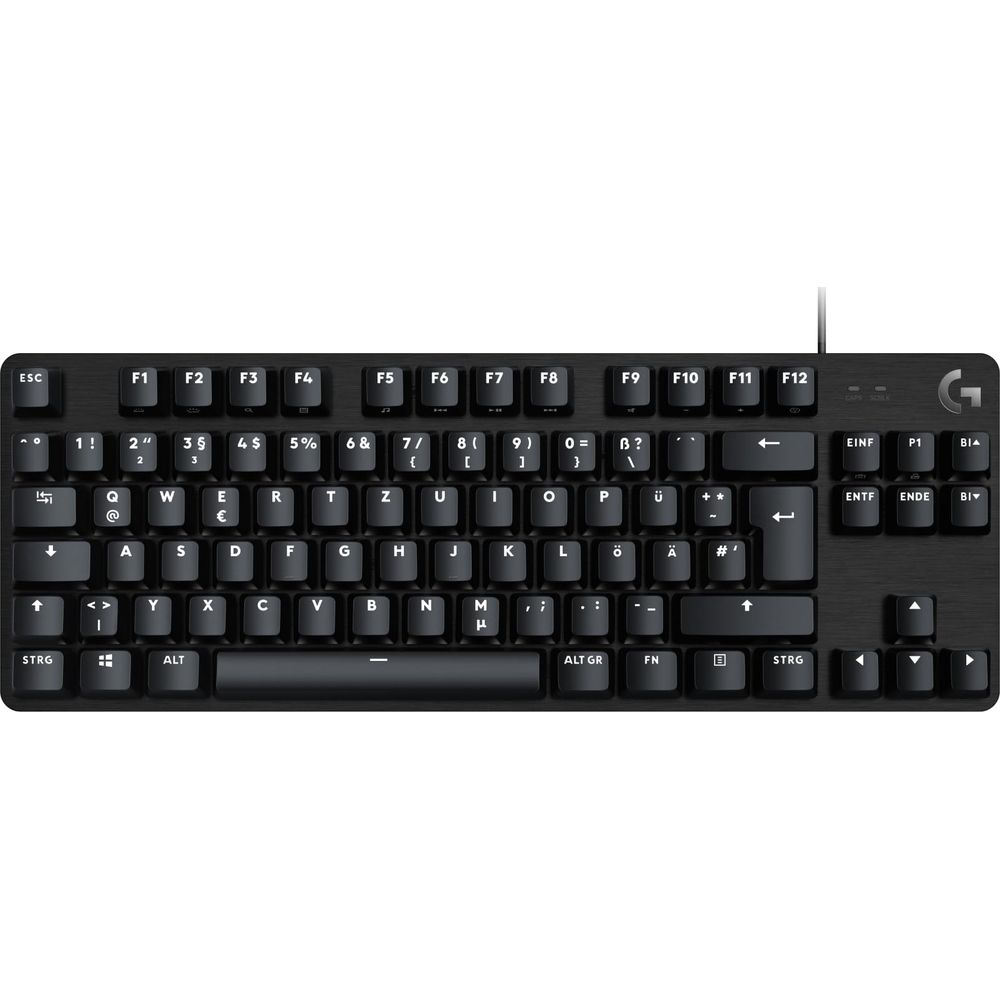 Czarna klawiatura Logitech z niemieckim układem i podświetlanymi klawiszami.