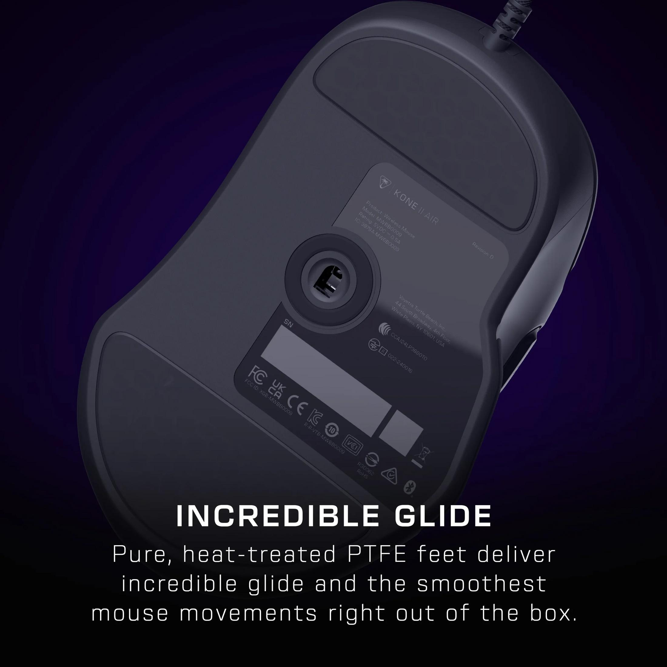 Spód czarnej myszy bezprzewodowej z tekstem i logotypami.