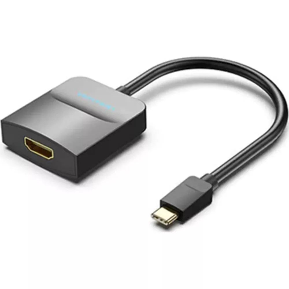 Adaptador gris HDMI a USB-C con cable y tira de luz azul.
