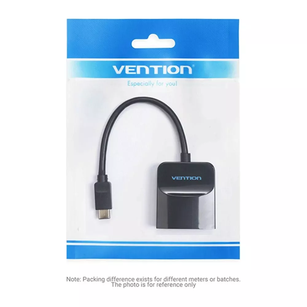 Un adaptador Vention USB-C a HDMI negro con cable en embalaje.