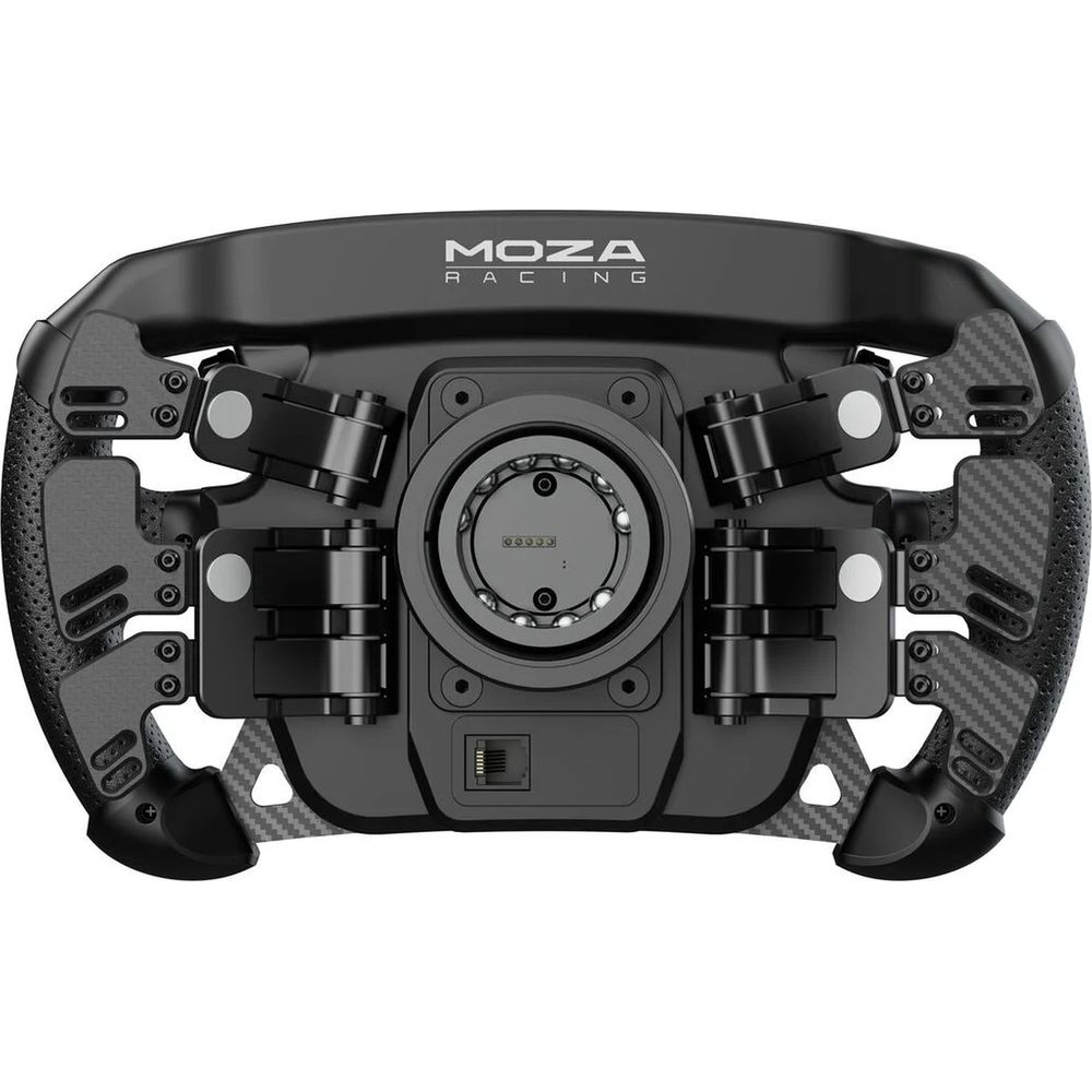 Ein schwarzes Rennlenkrad mit MOZA RACING Logo, Carbon-Akzenten und Metallteilen.