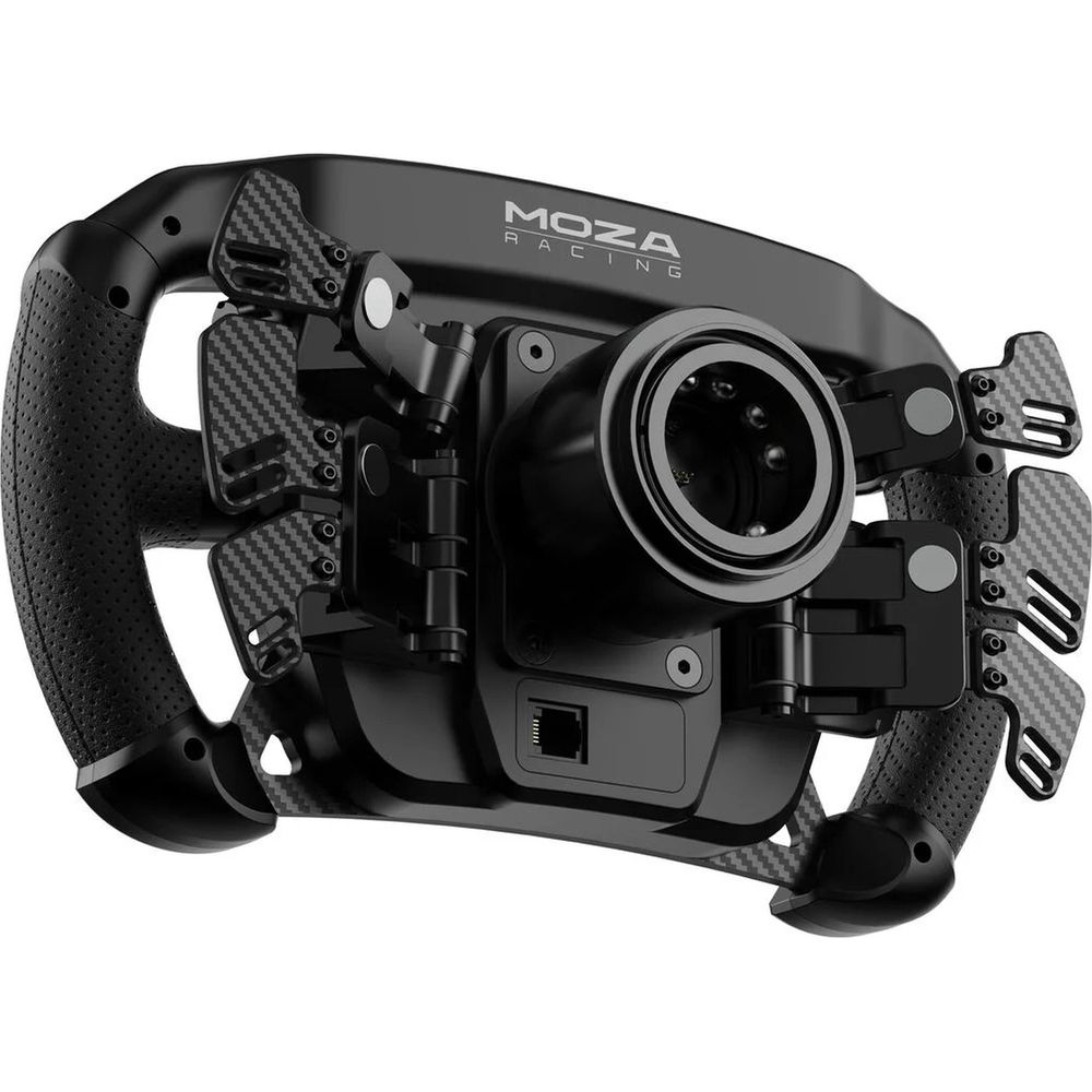 Ein schwarzer MOZA Racing Lenkrad-Controller mit Carbon-Akzenten auf weißem Hintergrund.