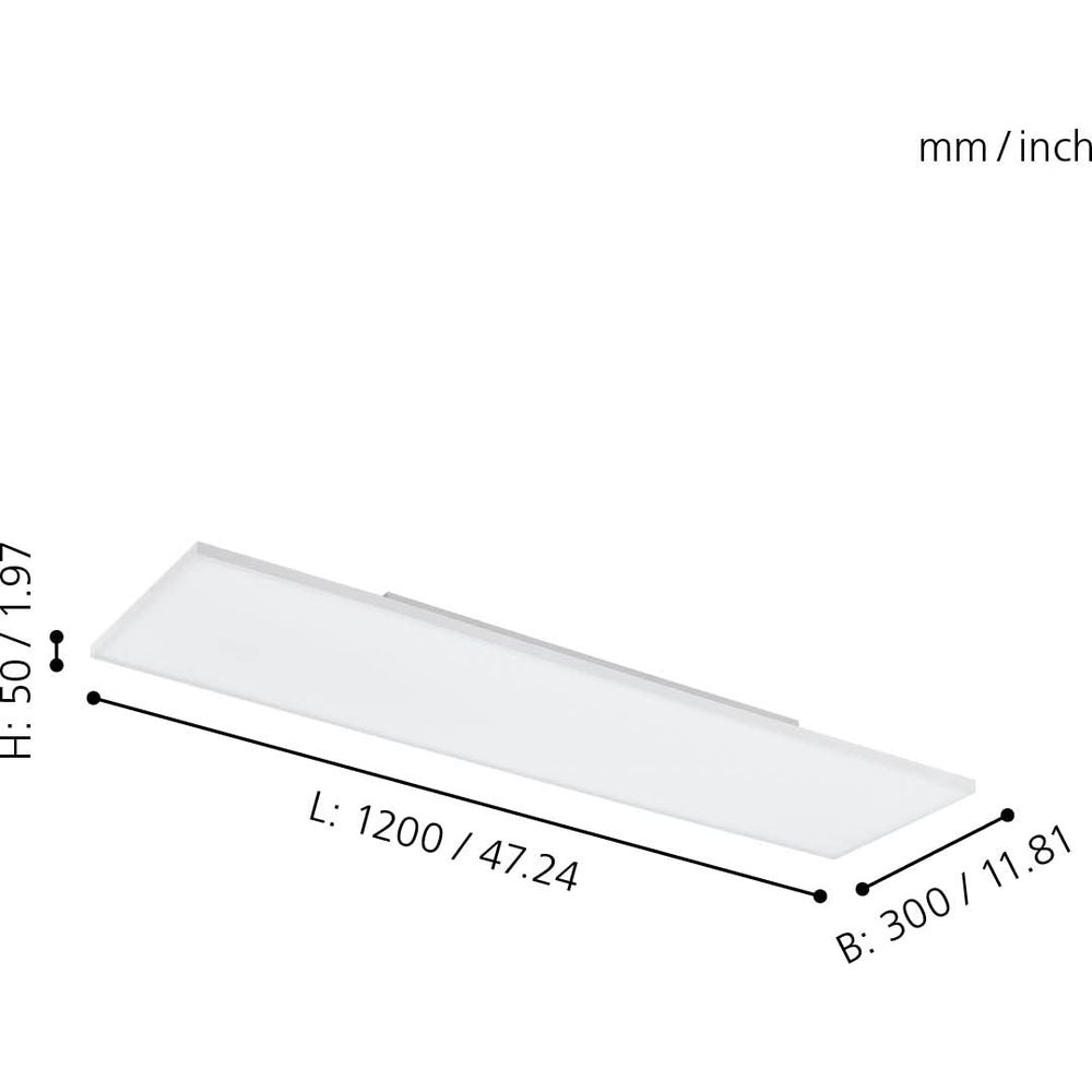 Lámpara rectangular blanca con dimensiones H: 50mm, L: 1200mm, A: 300mm.