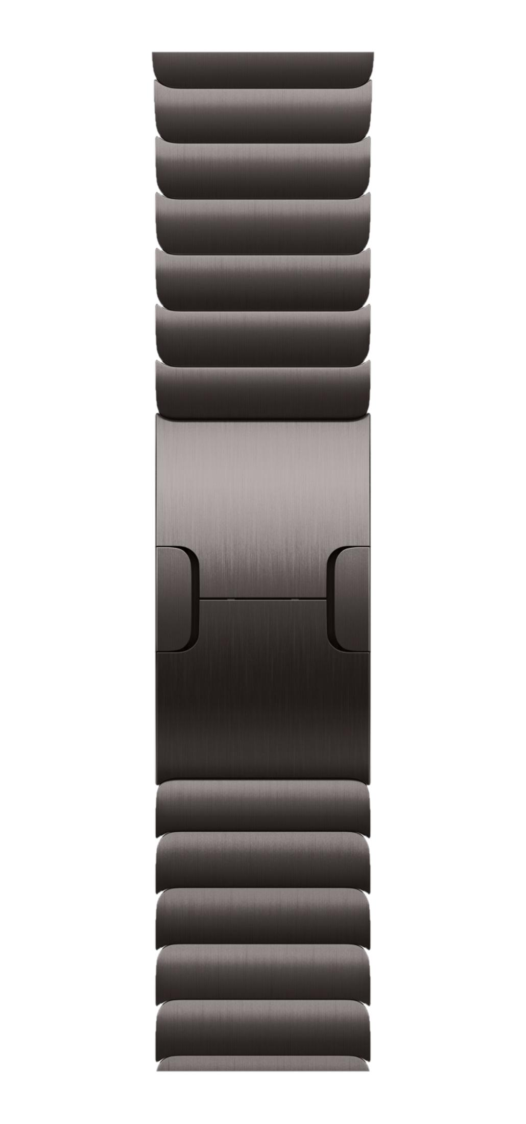 Ciemnoszara metalowa bransoleta zegarka z ogniwami i klamrą.