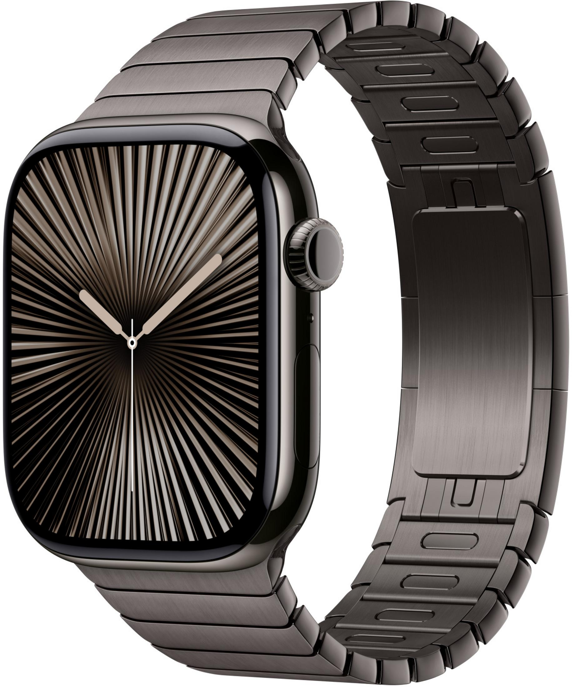 Ciemny smartwatch z tarczą w kształcie promieni słońca i metalową bransoletą.