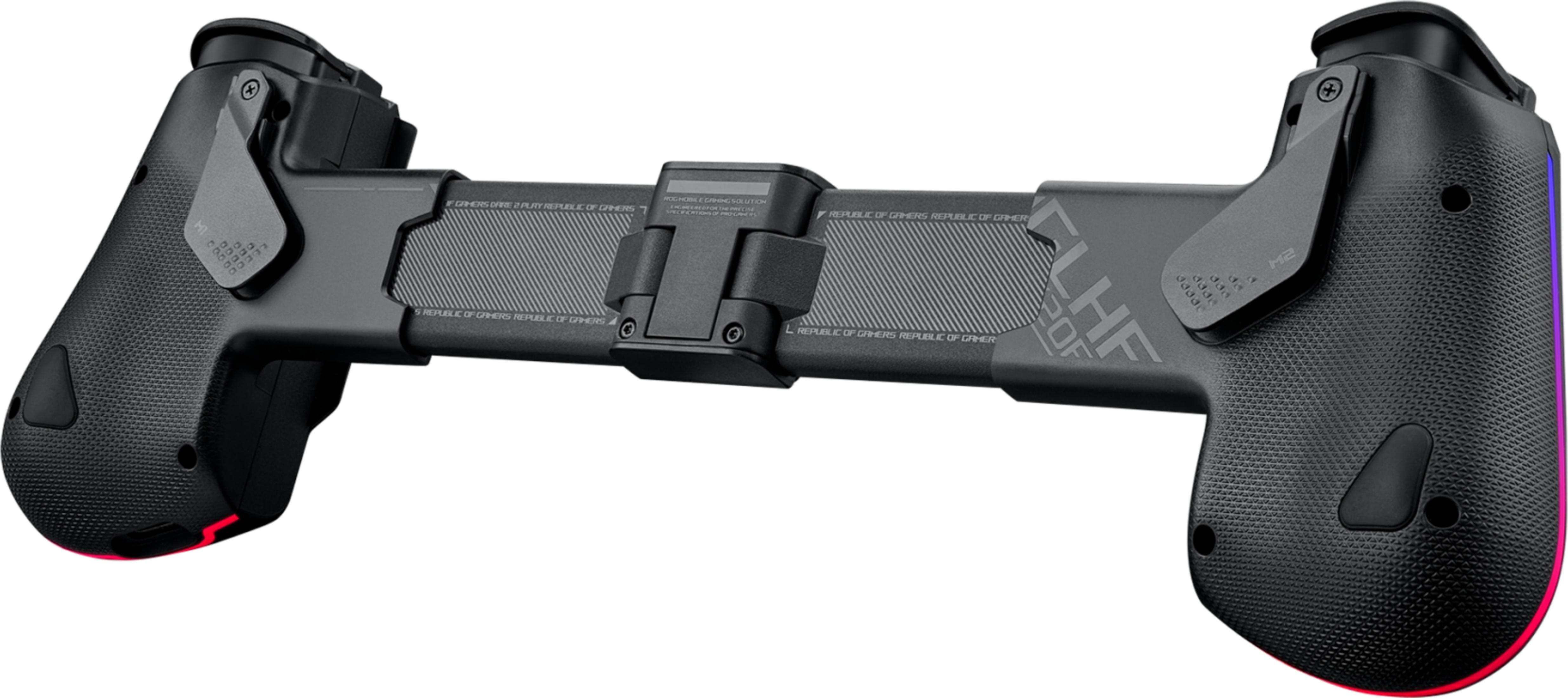 Czarny kontroler do gier z czerwonymi i fioletowymi światłami.