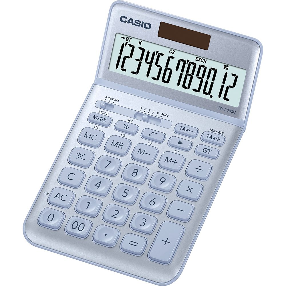 Ein silberner Casio-Taschenrechner mit blauen Tasten und einem LCD-Display.