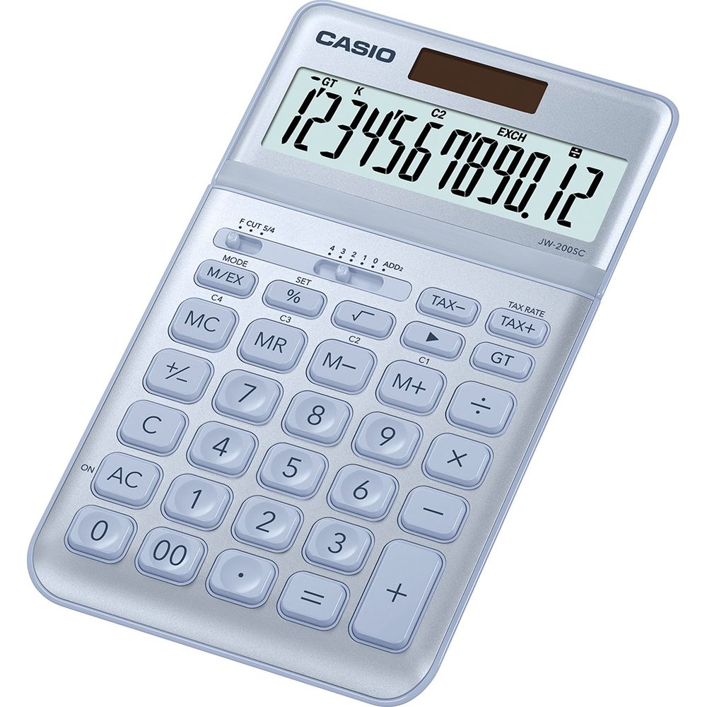 Ein silberner Casio-Taschenrechner mit einer Zahlenanzeige von 1234567890.12.