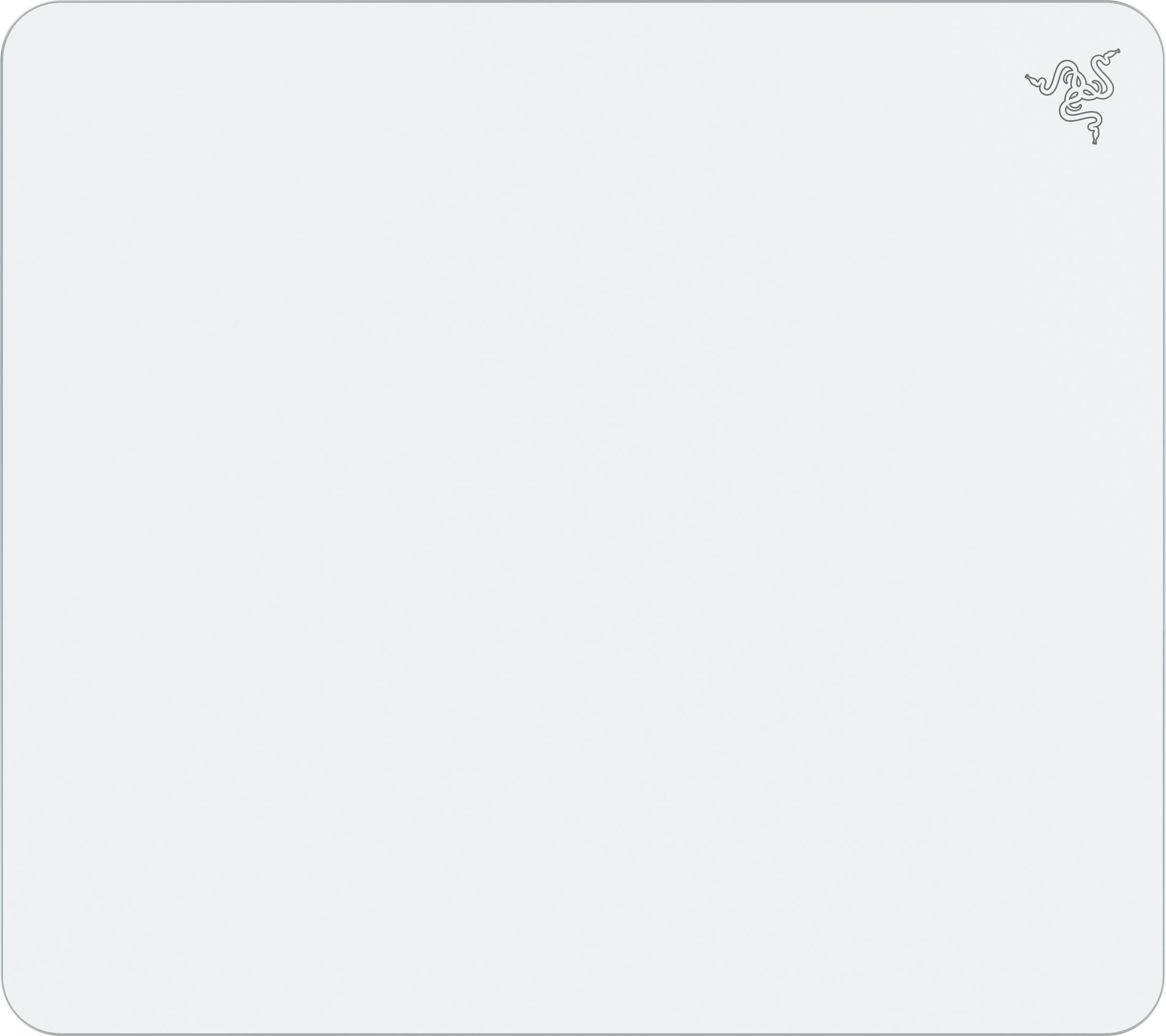 Biała podkładka pod mysz z szarym logo Razer w prawym górnym rogu.