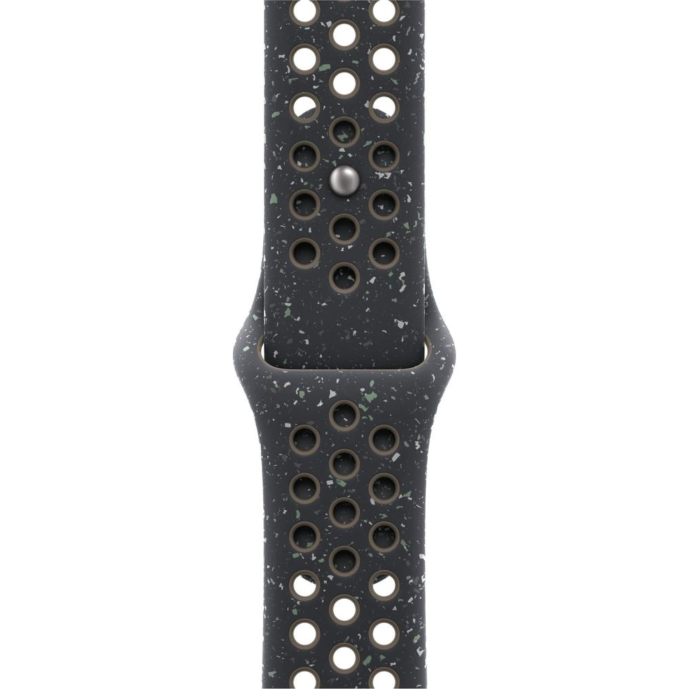 Ciemnoszara opaska na zegarek z perforacjami i jasnymi plamkami.