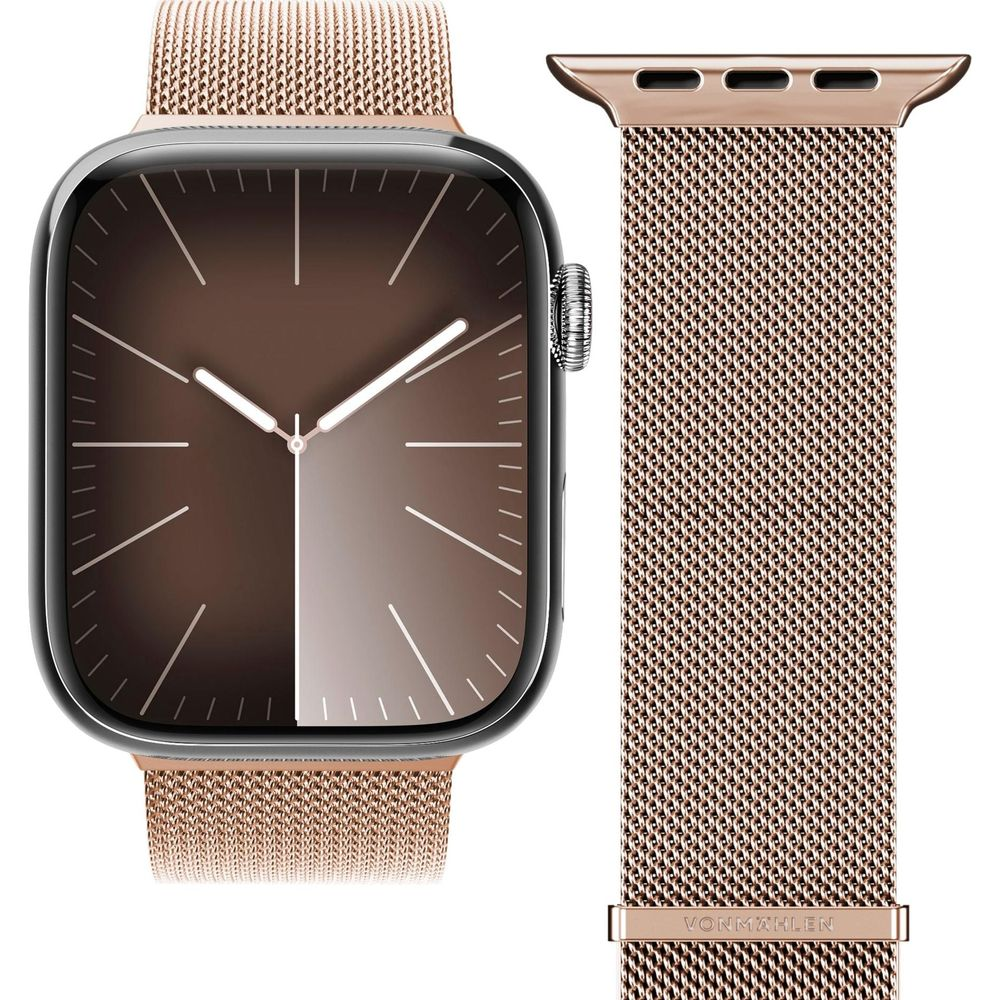 Srebrny smartwatch z brązową tarczą i zapinaną na magnes bransoletą w kolorze różowego złota.