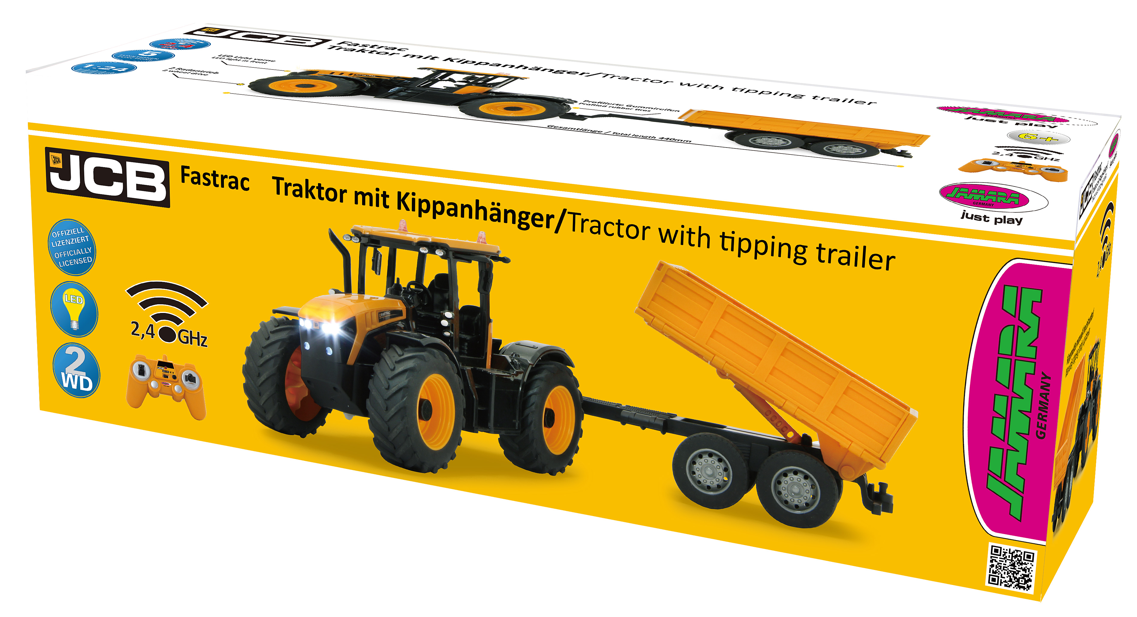 Verpackung eines ferngesteuerten JCB Fastrac Traktors mit Kippanhänger.