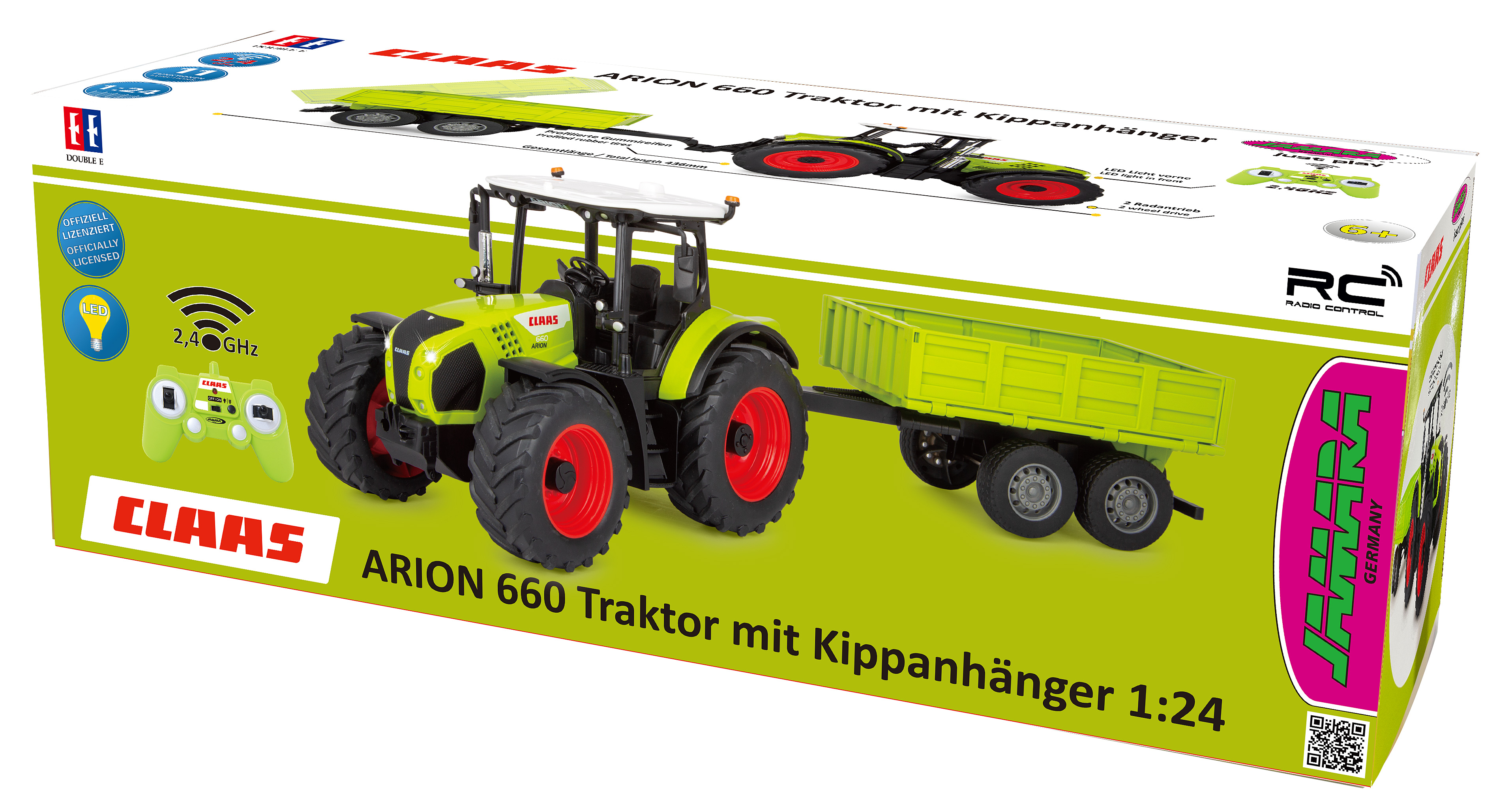 Hellgrüner CLAAS Traktor mit Anhänger und Fernbedienung auf Verpackung.
