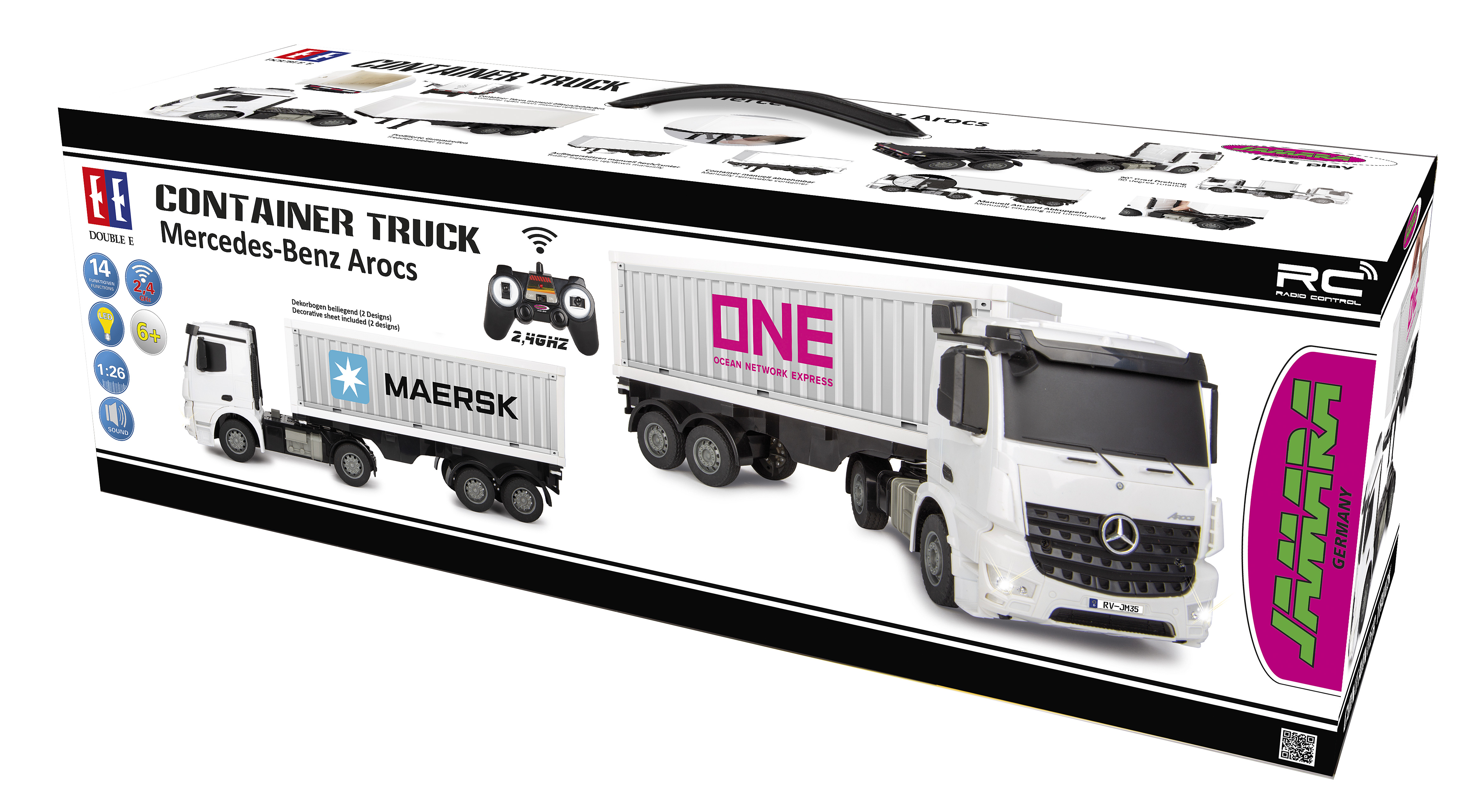Ein ferngesteuerter Mercedes-Benz Arocs Container-Truck-Spielzeug mit Maersk und ONE Containern.
