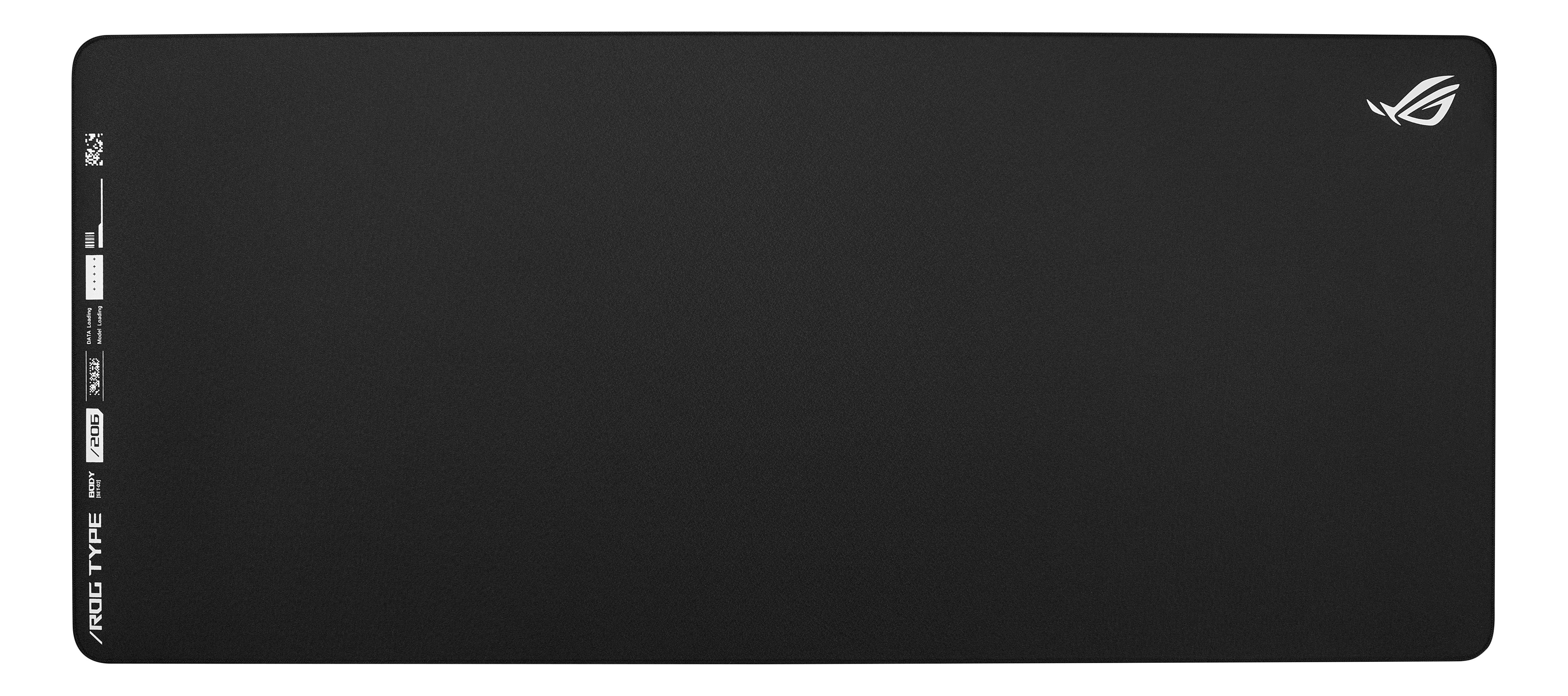Czarna podkładka pod mysz z logo ROG w prawym górnym rogu i tekstem po lewej.
