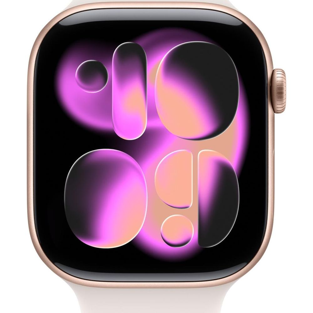 Złoty smartwatch wyświetla tarczę z kolorowymi, abstrakcyjnymi kołami.