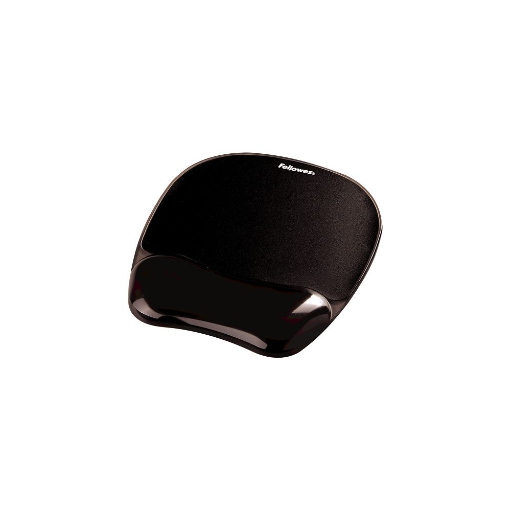 Zwarte ergonomische muismat met polssteun en Fellowes logo.