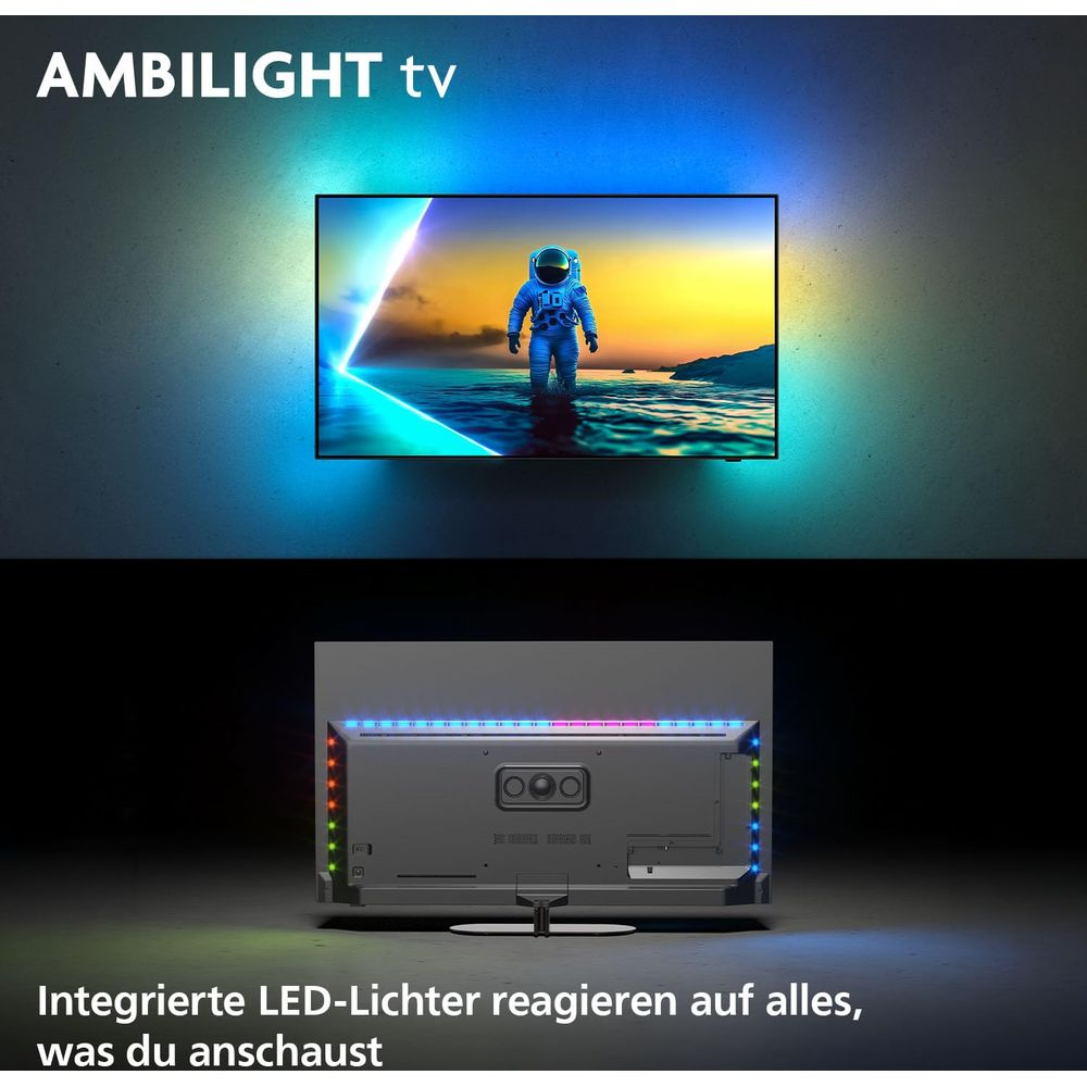 Astronauta stoi w wodzie, oświetlony niebieskim i żółtym światłem. Poniżej tył telewizora z lampkami LED.